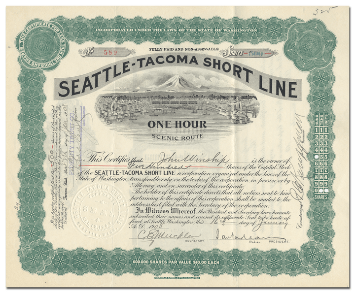 Seattle-Tacoma Short Line Stock Certificate