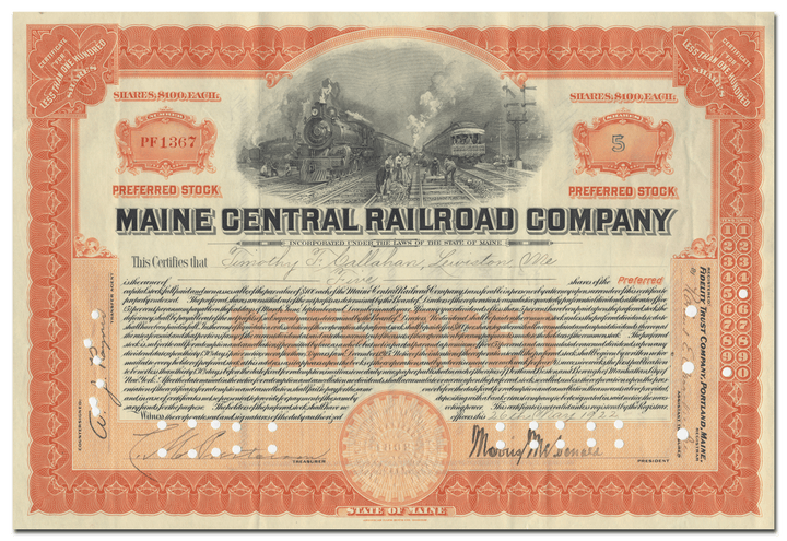 Maine Central Railroad Company Stock Certificate