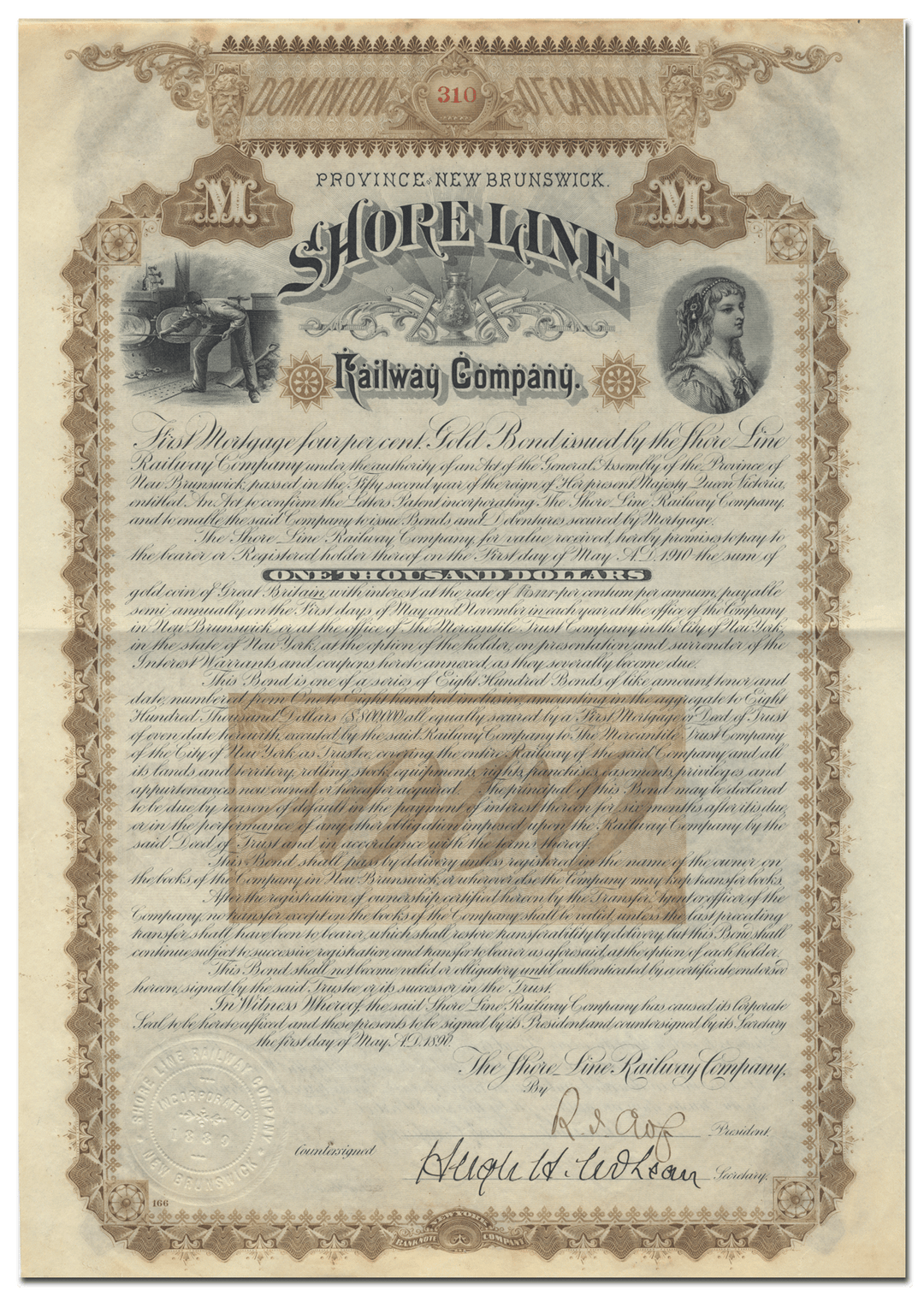 Shore Line Railway Company Bond Certificate