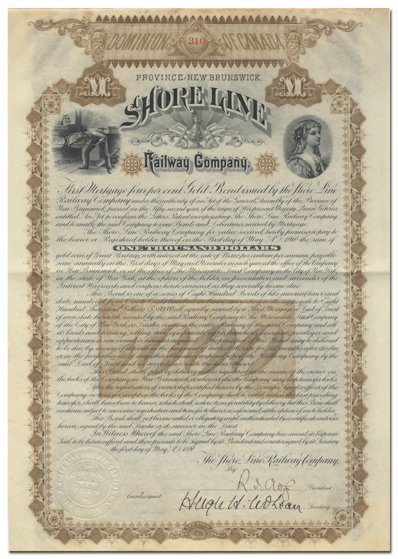 Shore Line Railway Company Bond Certificate
