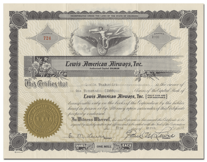 Lewis American Airways, Inc. Stock Certificate