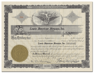 Lewis American Airways, Inc. Stock Certificate