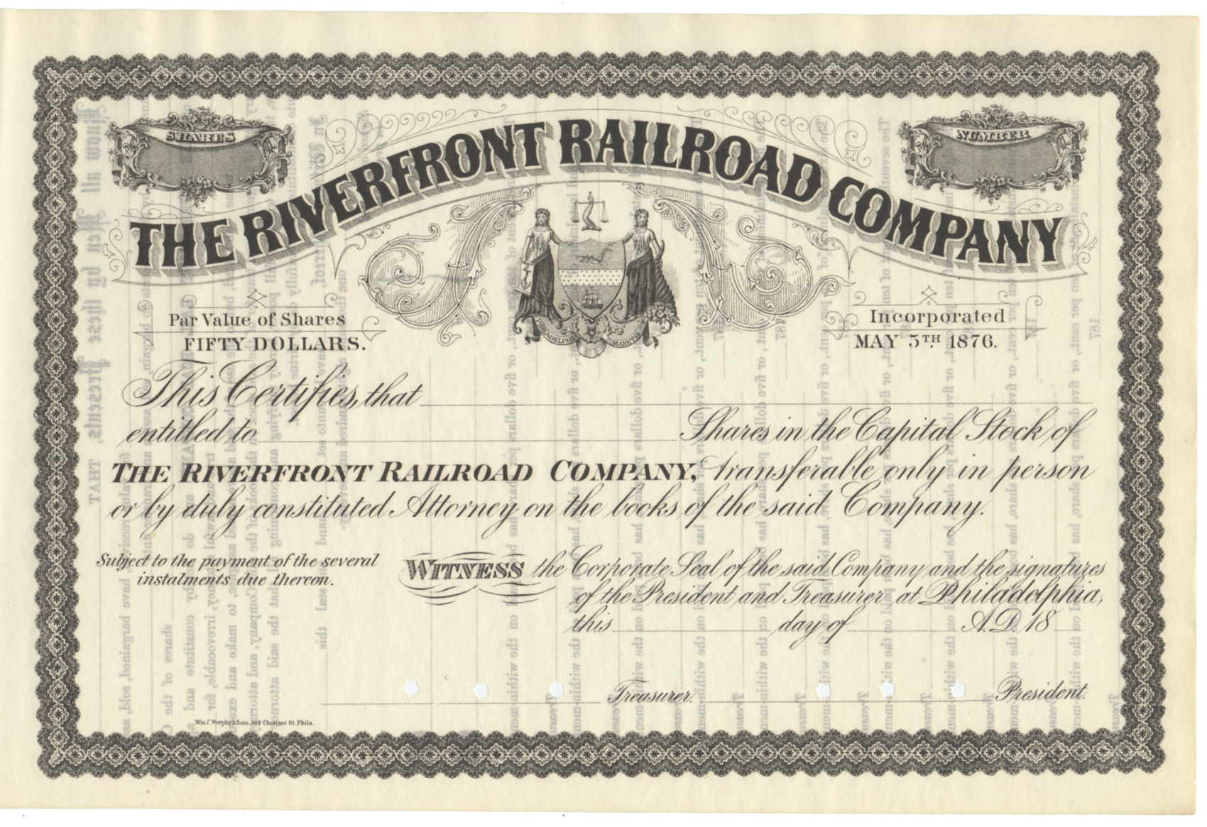 Riverfront Railroad Company Stock Certificate