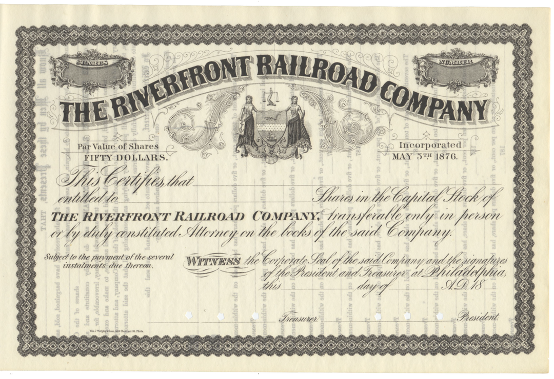 Riverfront Railroad Company Stock Certificate