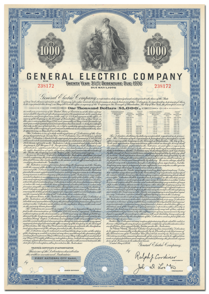 General Electric Company Bond Certificate