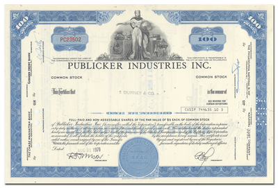 Publicker Industries Inc. Stock Certificate