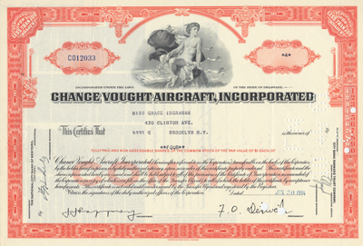 Chance Vought Aircraft, Incorporated Stock Certificate