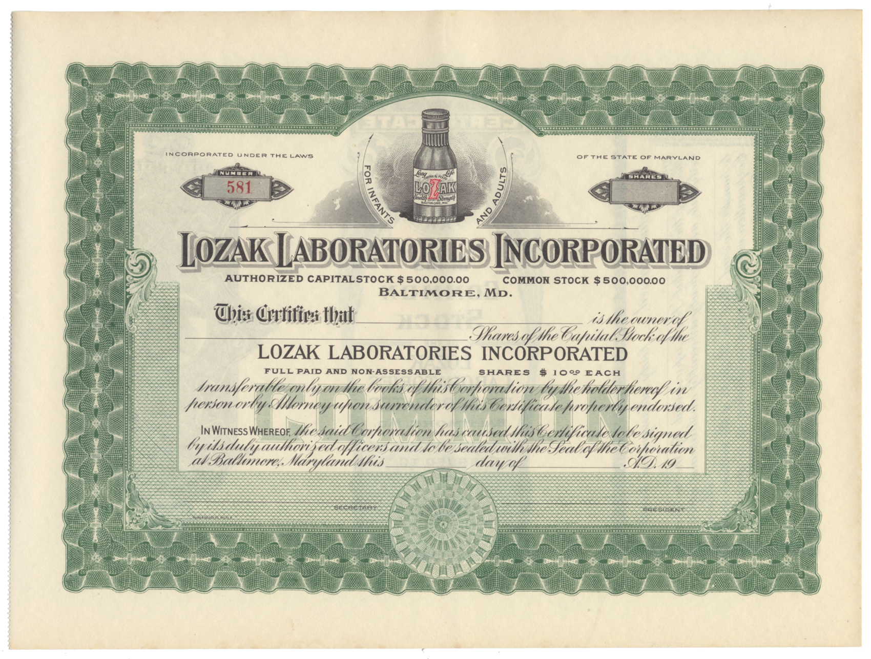 Lozak Laboratories Incorporated Stock Certificate