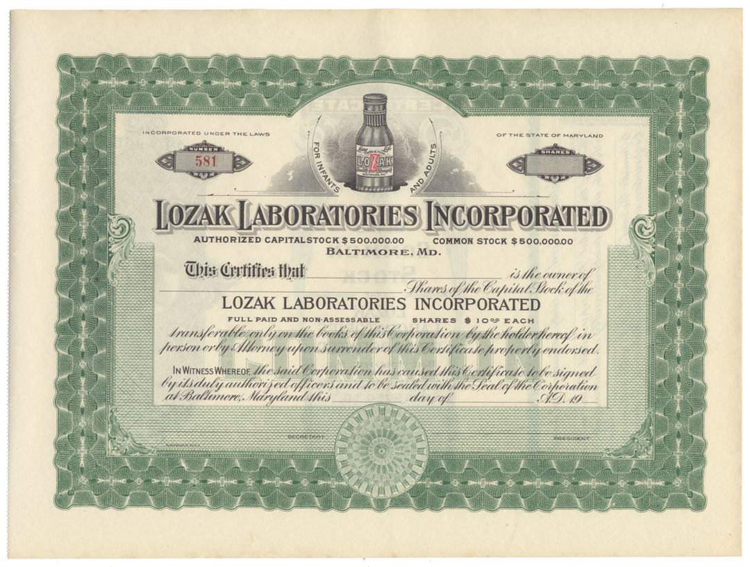 Lozak Laboratories Incorporated Stock Certificate