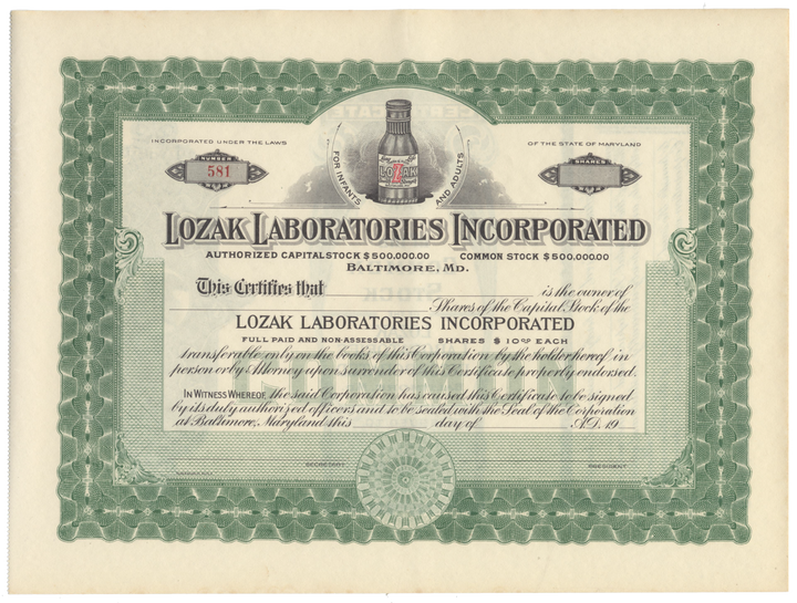 Lozak Laboratories Incorporated Stock Certificate