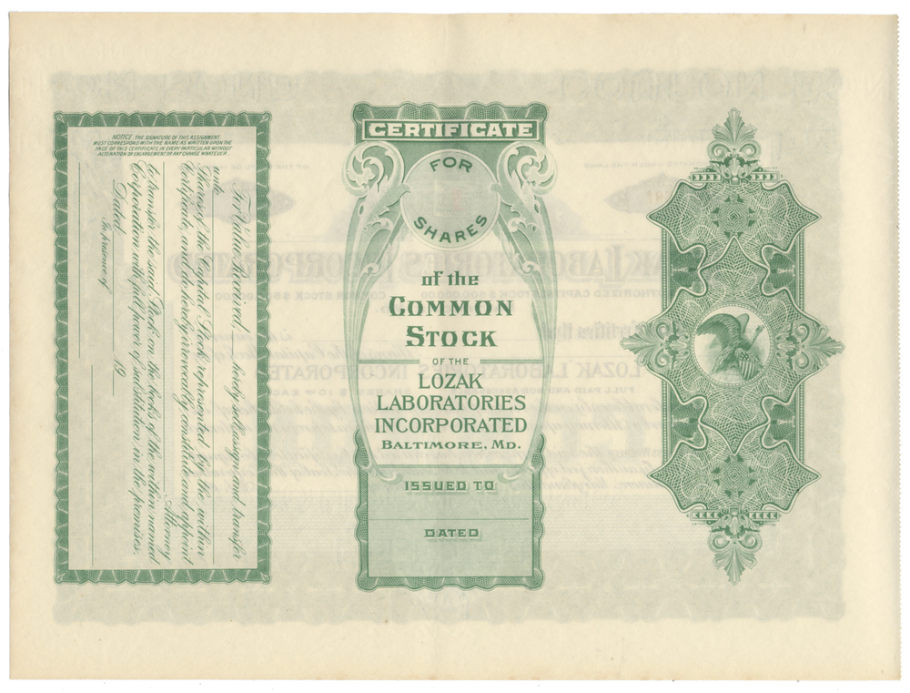 Lozak Laboratories Incorporated Stock Certificate