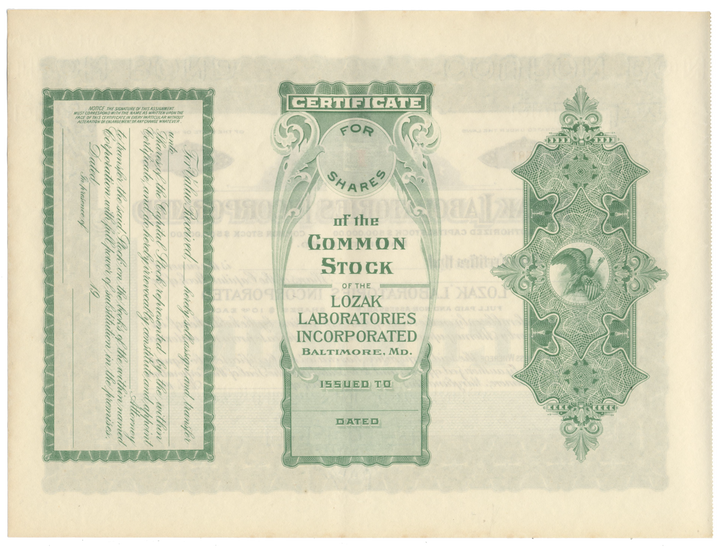 Lozak Laboratories Incorporated Stock Certificate