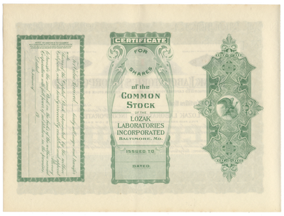 Lozak Laboratories Incorporated Stock Certificate
