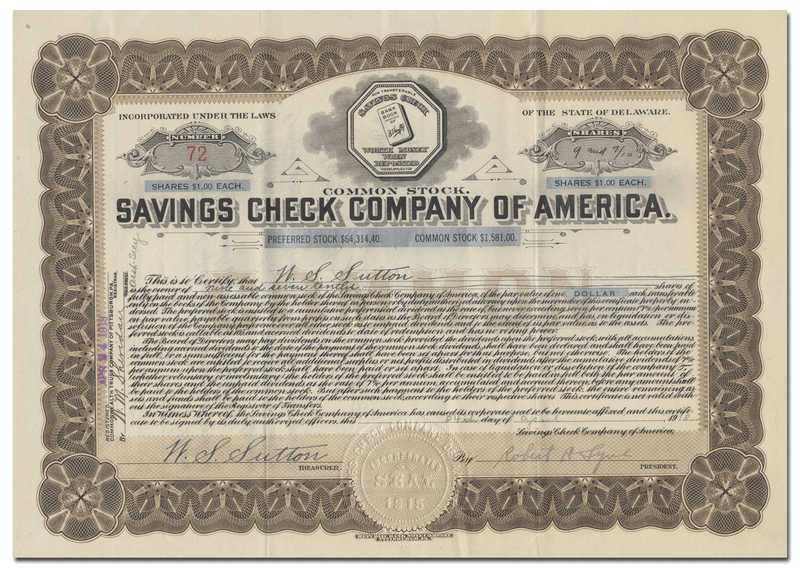 Savings Check Company of America Stock Certificate