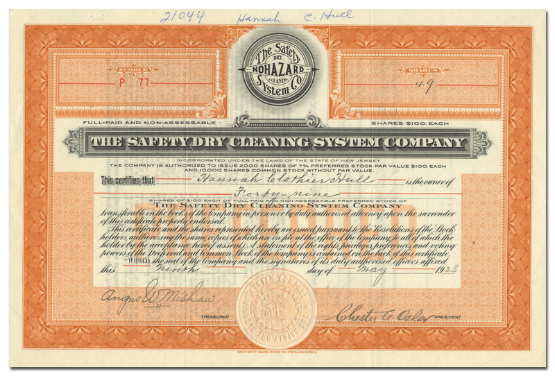 Safety Dry Cleaning System Company Stock Certificate