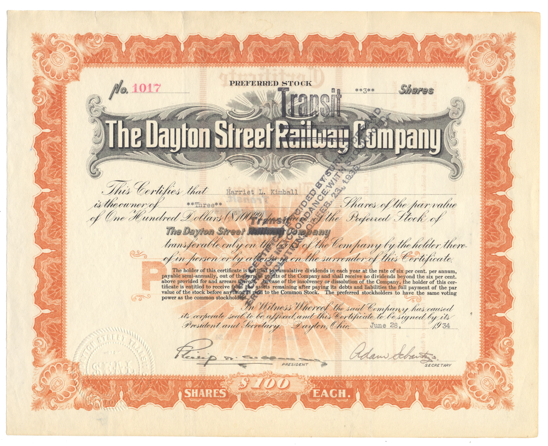 Dayton Street Transit Company Stock Certificate