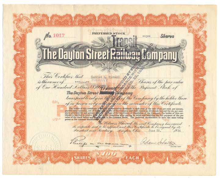 Dayton Street Transit Company Stock Certificate