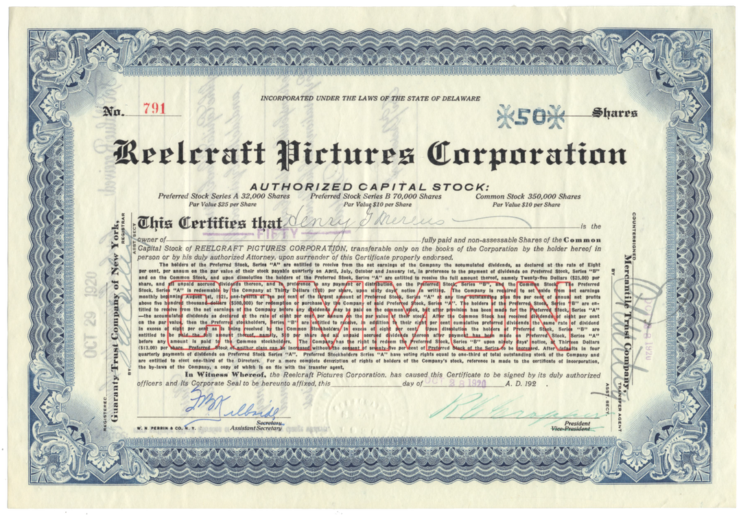 Reelcraft Pictures Corporation Stock Certificate Signed by R. C. Cropper