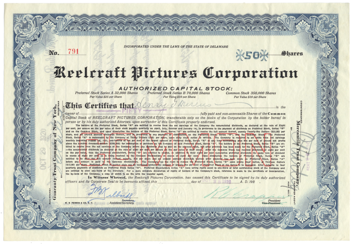 Reelcraft Pictures Corporation Stock Certificate Signed by R. C. Cropper