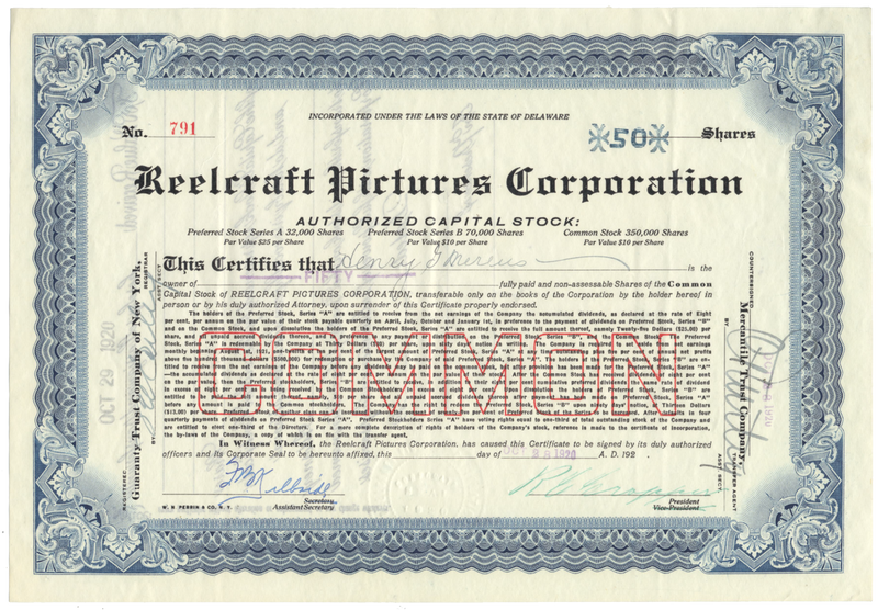 Reelcraft Pictures Corporation Stock Certificate Signed by R. C. Cropper