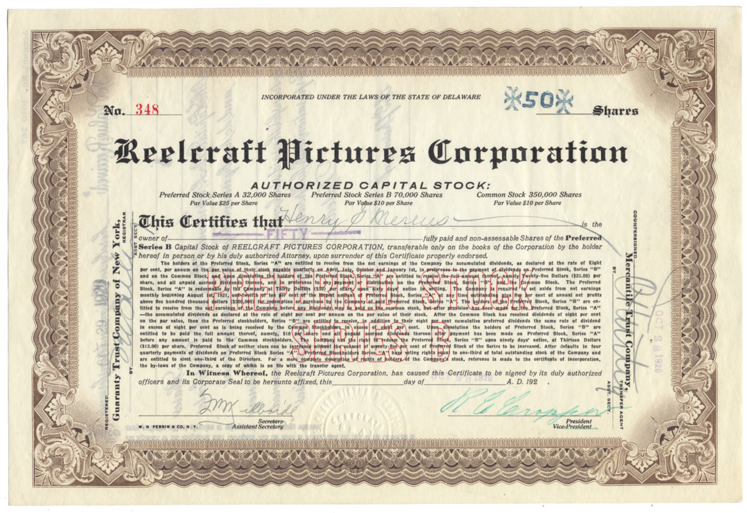 Reelcraft Pictures Corporation Stock Certificate Signed by R. C. Cropper