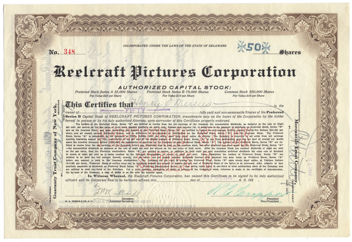 Reelcraft Pictures Corporation Stock Certificate Signed by R. C. Cropper