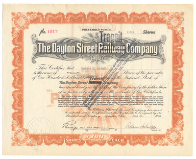 Dayton Street Transit Company Stock Certificate