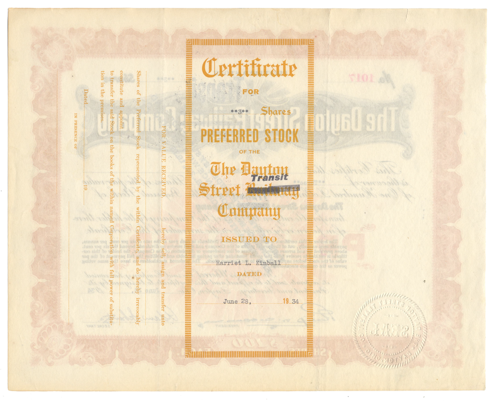 Dayton Street Transit Company Stock Certificate