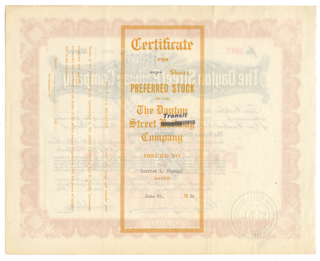 Dayton Street Transit Company Stock Certificate