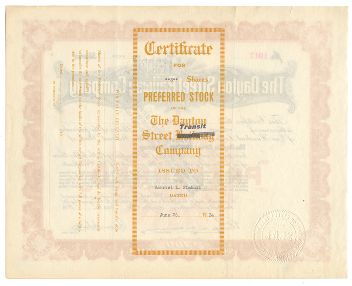 Dayton Street Transit Company Stock Certificate