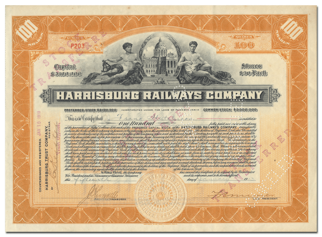 Harrisburg Railways Company Stock Certificate