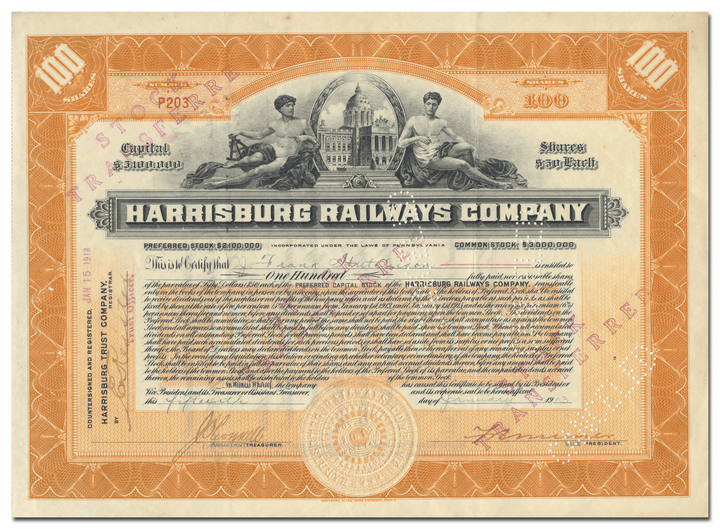 Harrisburg Railways Company Stock Certificate