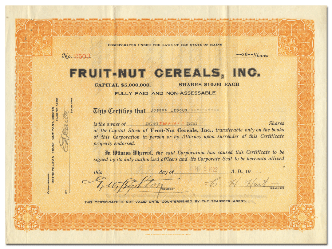 Fruit-Nut Cereals, Inc. Stock Certificate