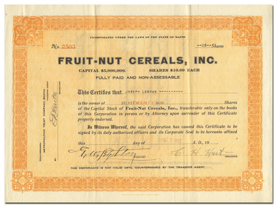 Fruit-Nut Cereals, Inc. Stock Certificate