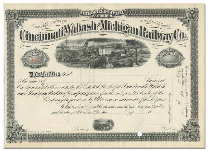 Cincinnati, Wabash and Michigan Railway Company Stock Certificate