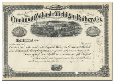 Cincinnati, Wabash and Michigan Railway Company Stock Certificate