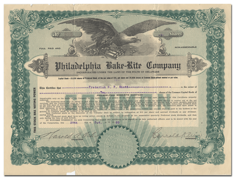 Philadelphia Bake-Rite Company Stock Certificate