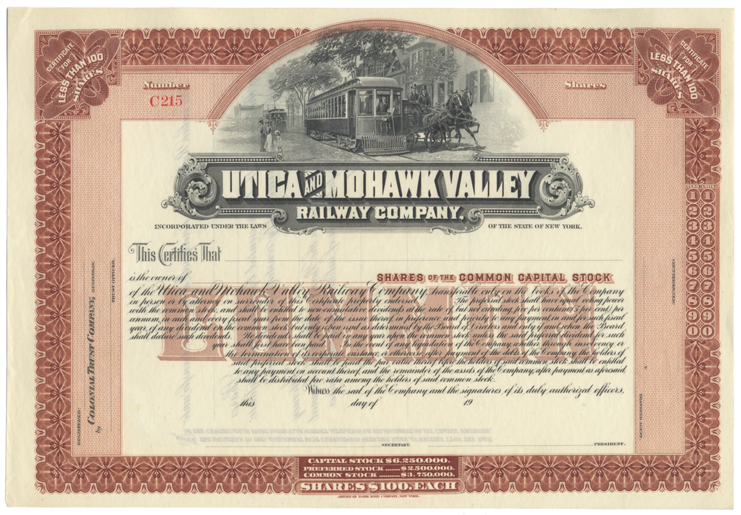 Utica and Mohawk Valley Railway Company Stock Certificate