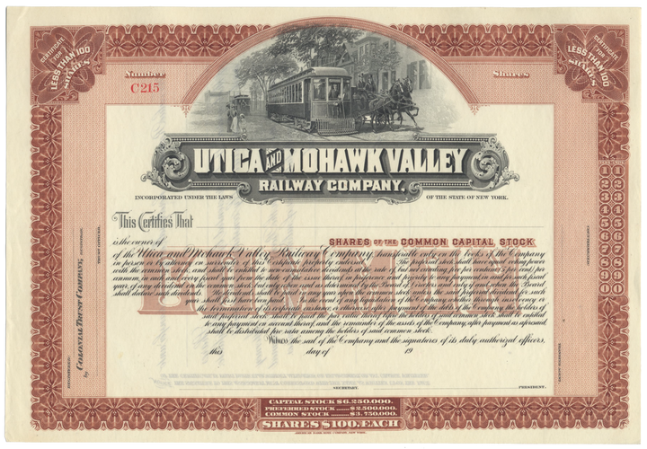 Utica and Mohawk Valley Railway Company Stock Certificate