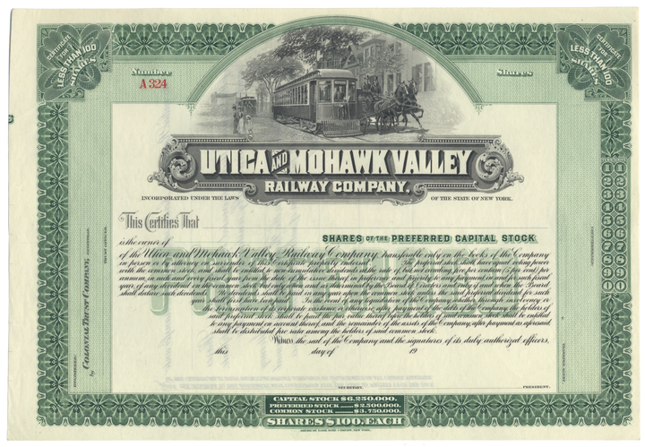 Utica and Mohawk Valley Railway Company Stock Certificate