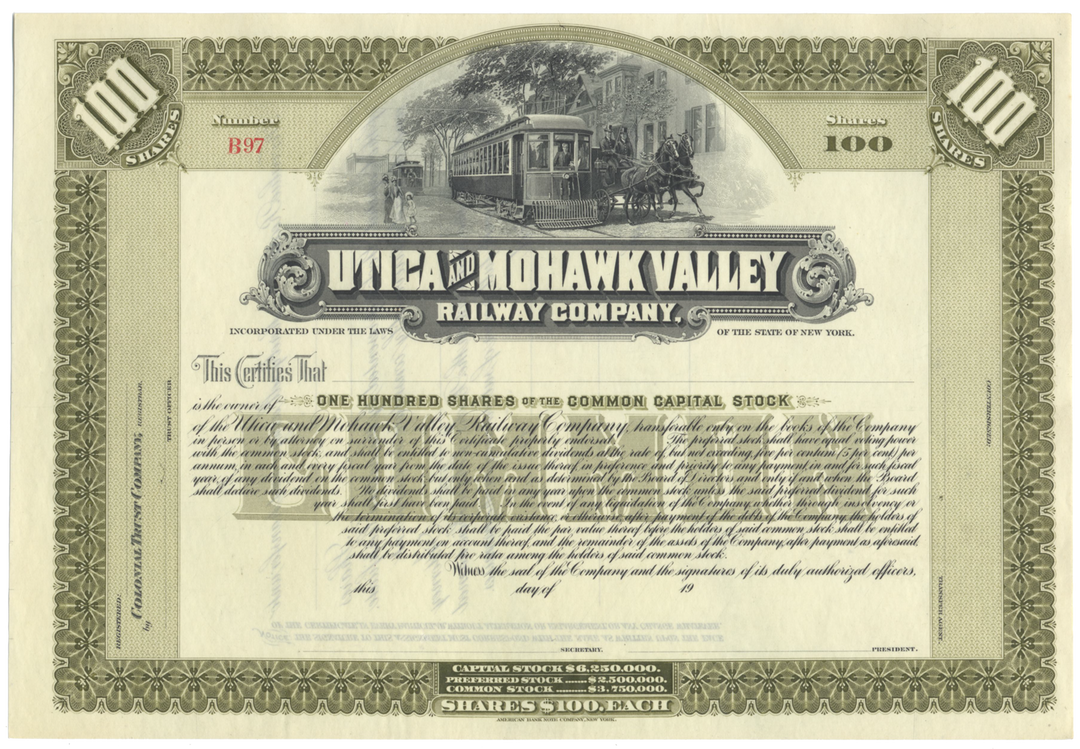 Utica and Mohawk Valley Railway Company Stock Certificate