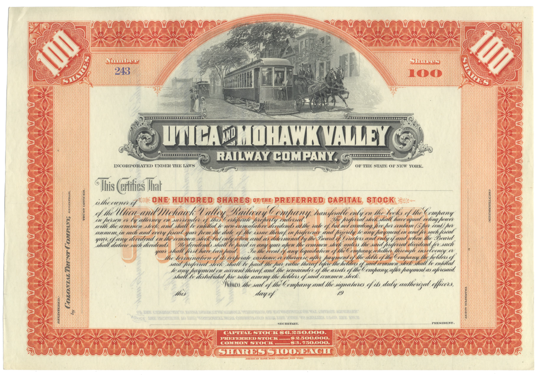 Utica and Mohawk Valley Railway Company Stock Certificate