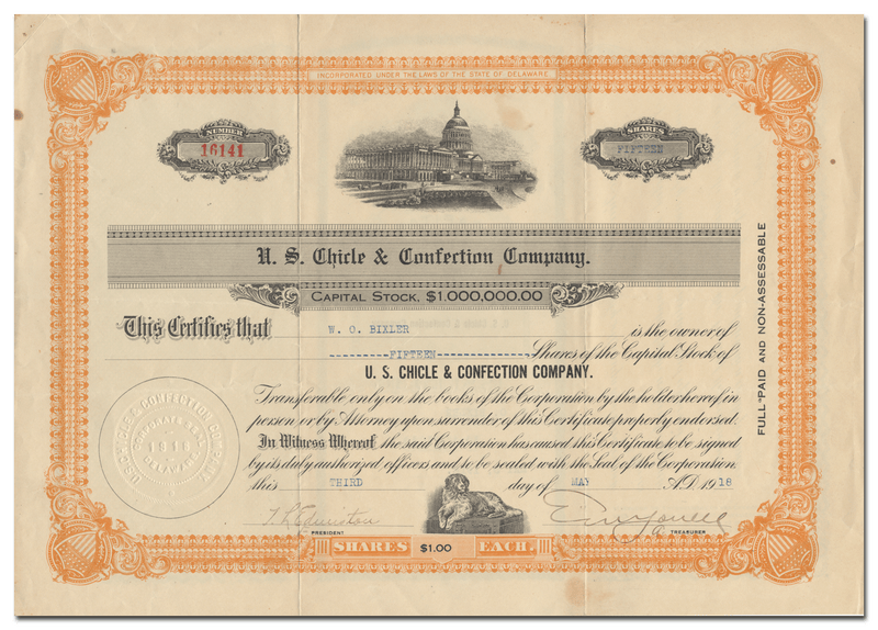 U. S. Chicle & Confection Company Stock Certificate