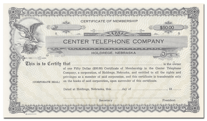 Center Telephone Company Membership Certificate