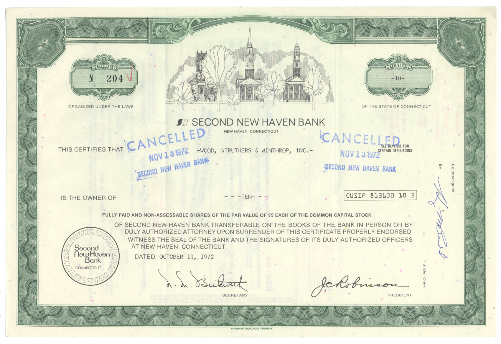 Second New Haven Bank Stock Certificate