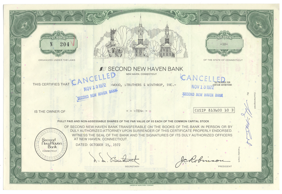 Second New Haven Bank Stock Certificate