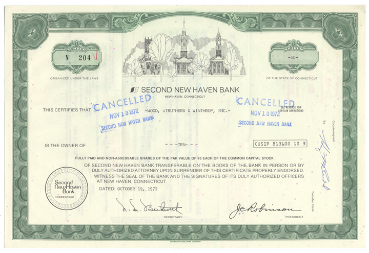 Second New Haven Bank Stock Certificate