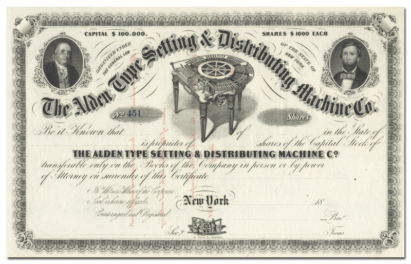 Alden Type Setting & Distributing Machine Co. Stock Certificate