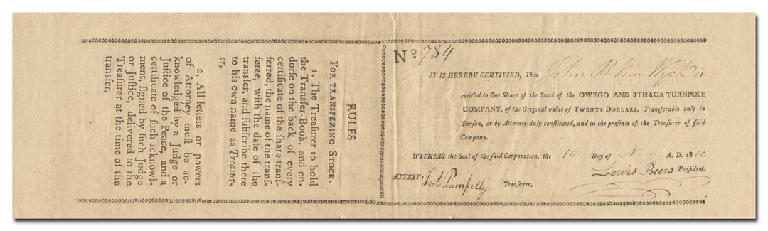 Owego and Ithaca Turnpike Company Stock Certificate