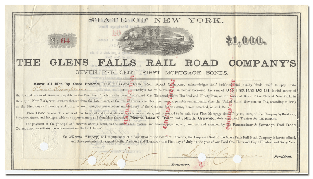 Glens Falls Rail Road Company Bond Certificate